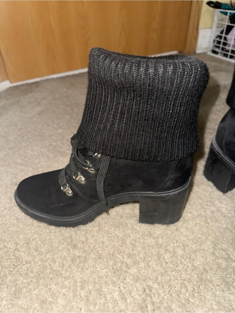 Fashion Nova Black Knit-Cuff Lace-Up Block Heel Ankle Booties